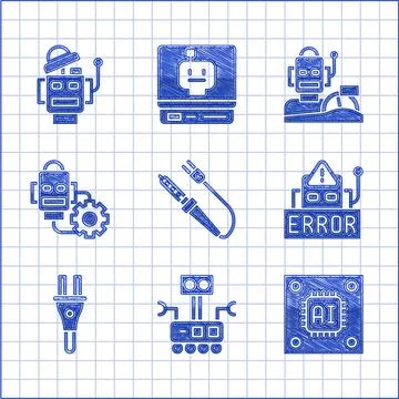 Set Soldering iron, Robot, Processor with microcircuits CPU, Error robot, E.. Stock Illustration