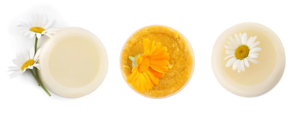 Set with solid shampoo bars on white background, top view. Hair care Stock Photos