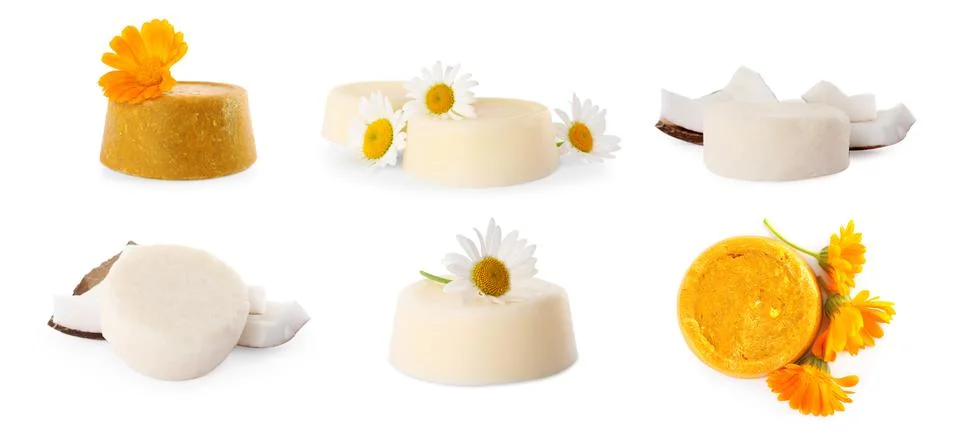Set with solid shampoo bars on white background, banner design. Hair care Foto stock