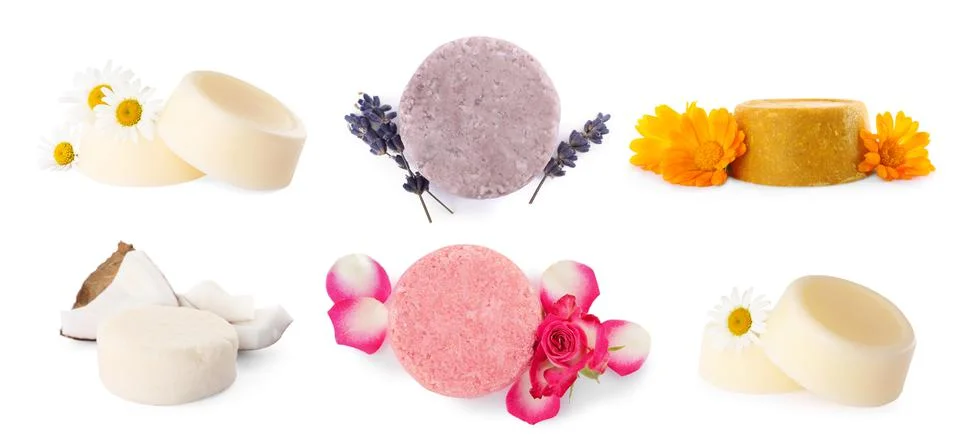 Set with solid shampoo bars on white background, banner design. Hair care Foto stock