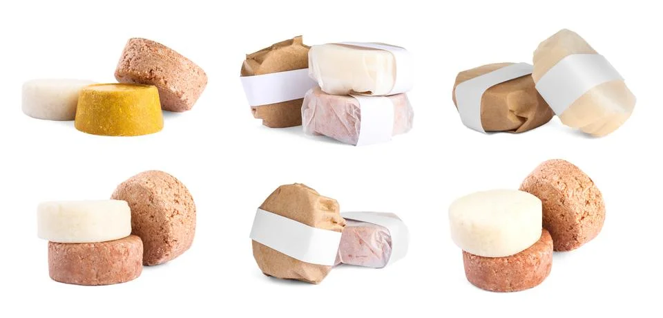 Set with solid shampoo bars on white background, banner design. Hair care Foto stock