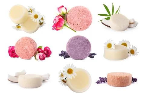 Set with solid shampoo bars on white background. Hair care Foto stock