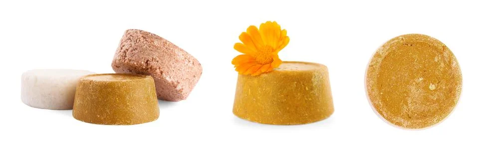 Set with solid shampoo bars on white background, banner design. Hair care Foto stock