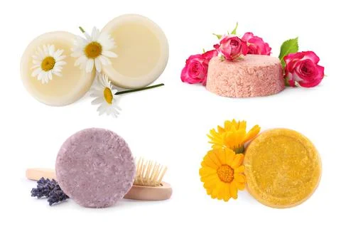 Set with solid shampoo bars on white background. Hair care Stock Photos