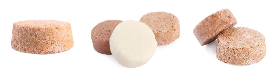 Set with solid shampoo bars on white background, banner design. Hair care Foto stock