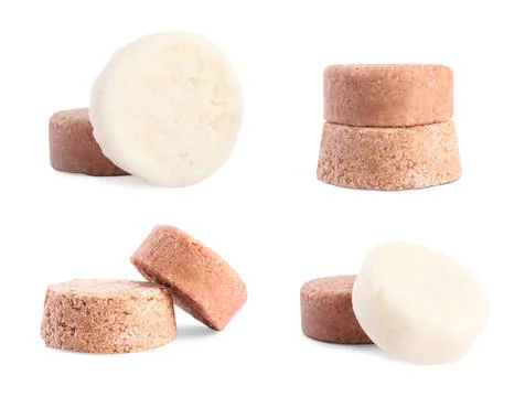 Set with solid shampoo bars on white background. Hair care Stock Photos