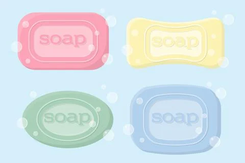 A set of solid soap of different shapes with bubbles. Hygiene soap. Stock Illustration
