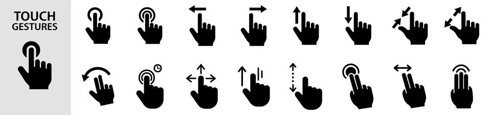 Set of solid vector icons representing various smartphone touch screen gest.. Stock Illustration