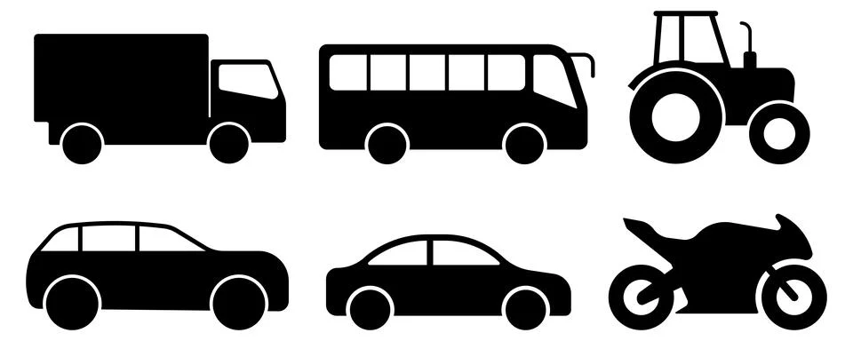 Set of solid vehicle icons including truck, bus, tractor, cars, and motorcy.. Illustrazione stock
