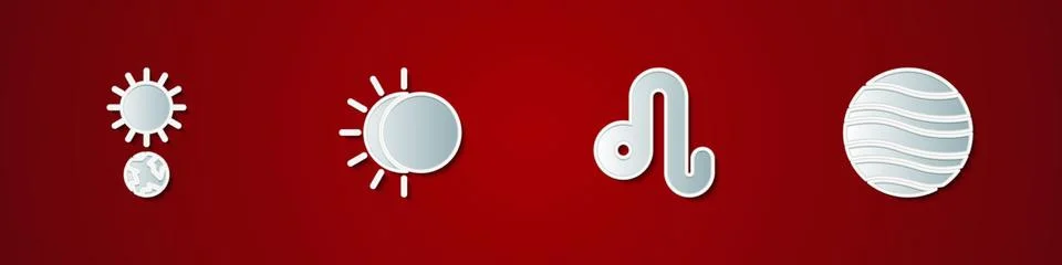 Set Solstice, Eclipse of the sun, Leo zodiac and Planet Jupiter icon. Vector Illustrazione stock