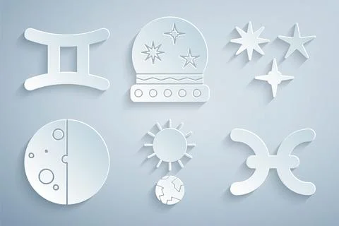 Set Solstice, Falling star, Eclipse of the sun, Pisces zodiac, Magic ball and Stock Illustration