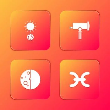 Set Solstice, Telescope, Eclipse of the sun and Pisces zodiac icon. Vector Stock Illustration