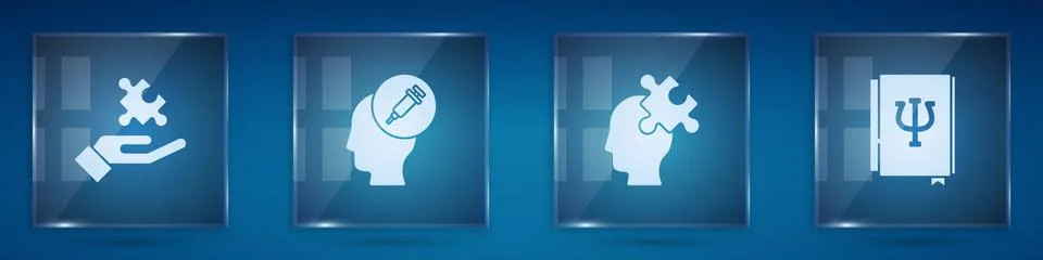 Set Solution to the problem, Addiction drug, and Psychology book, Psi. Square Illustrazione stock