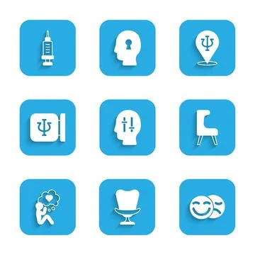 Set Solution to the problem, Armchair, Comedy and tragedy masks, Head with heart Stock Illustration