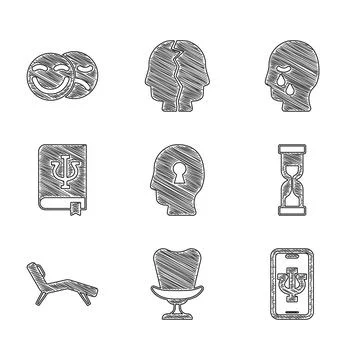 Set Solution to the problem, Armchair, Psychologist online, Old hourglass, .. Illustrazione stock