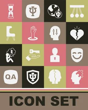 Set Solution to the problem, Comedy theatrical mask, Broken heart or divorce Stockillustratie