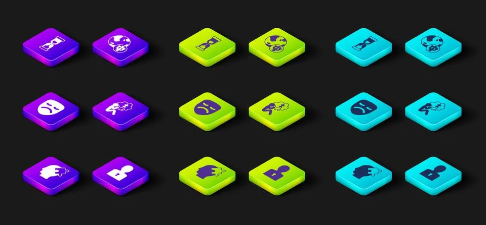 Set Solution to the problem, Drama theatrical mask, Man graves funeral sorr.. Stock Illustration