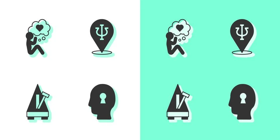 Set Solution to the problem, Head with heart, Metronome pendulum and Psychology Illustrazione stock