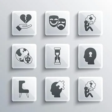 Set Solution to the problem, Head with question mark, Old hourglass, Armchair Stock Illustration
