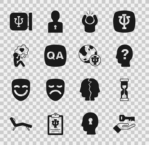 Set Solution to the problem, Old hourglass, Head with question mark, Anger Illustrazione stock