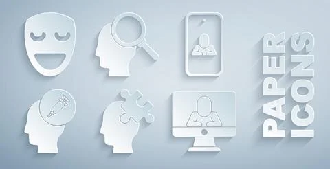 Set Solution to the problem, Psychologist online, Addiction drug, Finding a.. Stock Illustration