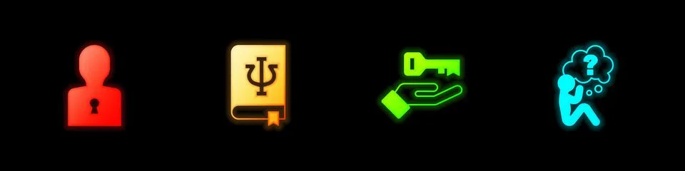 Set Solution to the problem, Psychology book, Psi, and Head with question mark 스톡 일러스트