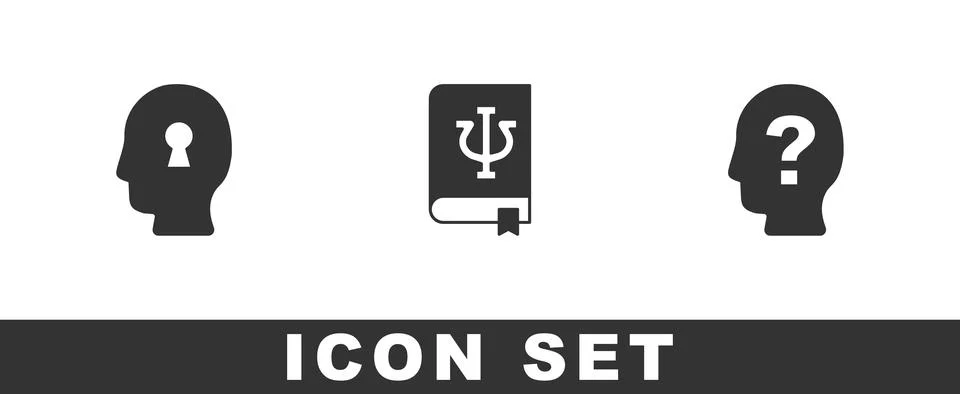 Set Solution to the problem, Psychology book, Psi and Head with question mark 스톡 일러스트