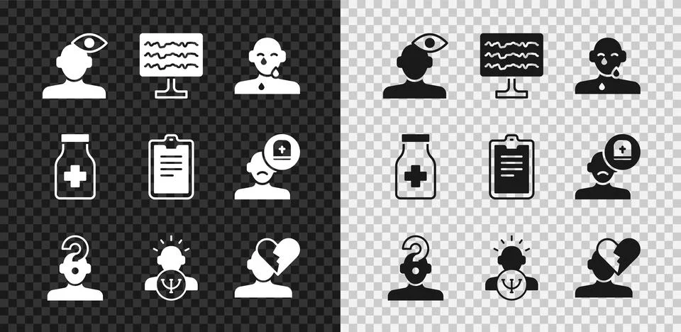 Set Solution problem in psychology, Encephalogram, Tear cry eye, Human with.. Stock Illustration