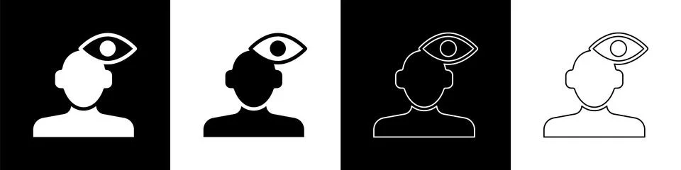 Set Solution to the problem in psychology icon isolated on black and white Stock Illustration