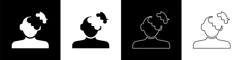 Set Solution to the problem in psychology icon isolated on black and white Illustrazione stock