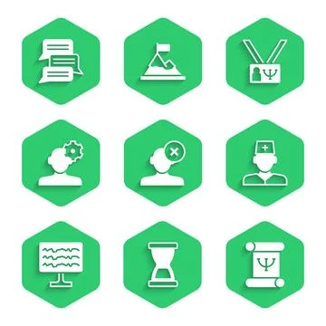 Set Solution problem in psychology, Old hourglass, Psychology book, Male do.. Stock Illustration