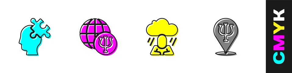 Set Solution to the problem, Psychology, Psi, Depression and icon. Vector Illustrazione stock