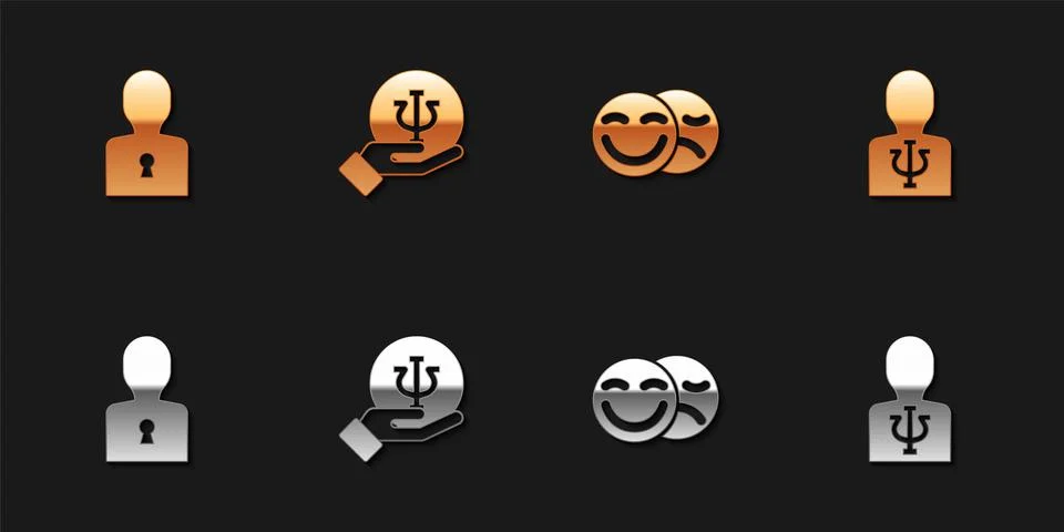 Set Solution to the problem, Psychology, Psi, Comedy and tragedy masks and icon Illustrazione stock