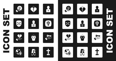 Set Solution to the problem, Psychology, Psi, Drama theatrical mask, Broken Illustrazione stock