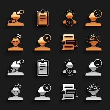 Set Solution problem in psychology, Sad and depressed man, bad mood, Concus.. Illustrazione stock