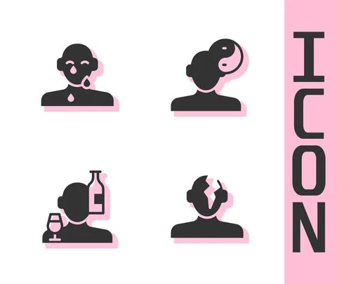 Set Solution problem in psychology, Tear cry eye, Alcoholism and Yin Yang symbol 스톡 일러스트