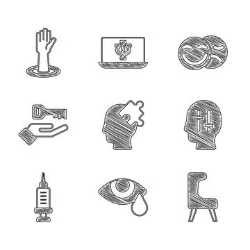 Set Solution to the problem, Tear cry eye, Armchair, Addiction drug, Comedy and Stock Illustration