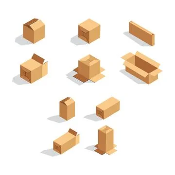 Set of sometric cardboard boxes isolated on white. Isolated vector illustrati Stock Illustration
