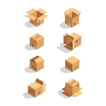 Set of sometric cardboard boxes isolated on white. Isolated vector illustrati Stock Illustration
