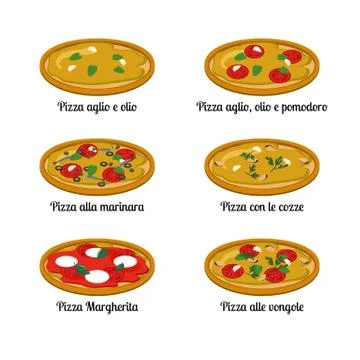 Set of sort of pizza with different ingredients. Stock Illustration