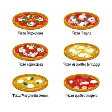 Set of sort of pizza with different ingredients. Stock Illustration