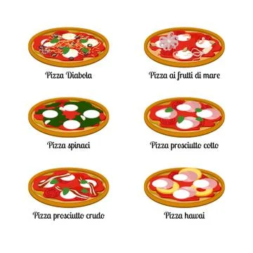 Set of sort of pizza with different ingredients. Stock Illustration