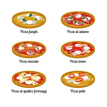 Set of sort of pizza with different ingredients. Stock Illustration