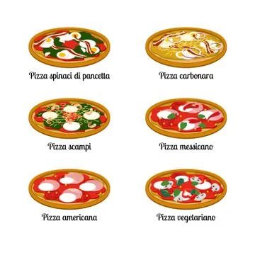 Set of sort of pizza with different ingredients. Stock Illustration