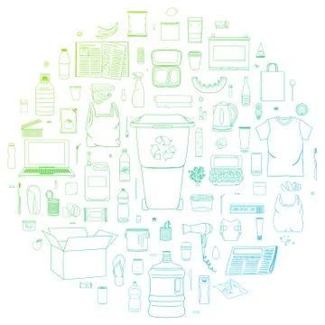 Set of sorted garbage in circle. Waste management Stock Illustration