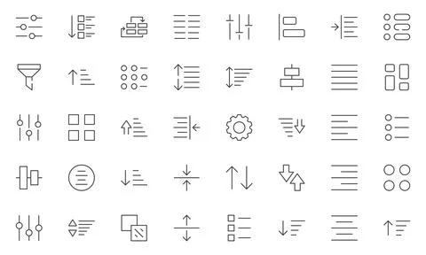 Set of sorting and filtering related linear icons on white background. Temp.. Stock Illustration