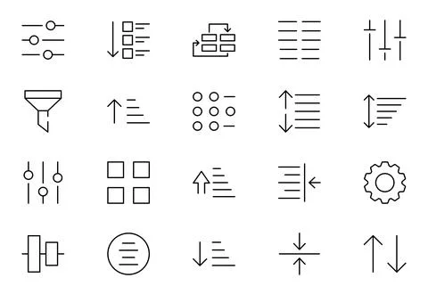 Set of sorting and filtering related linear icons on white background. Temp.. Stock Illustration