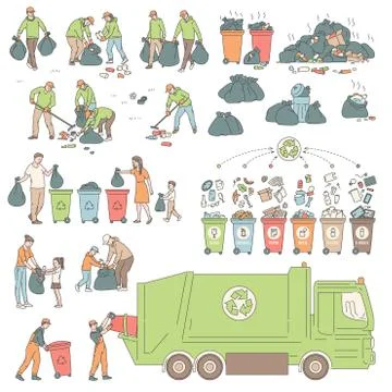 Set sorting and recycling waste. People volunteers clean environment from trash Stock Illustration