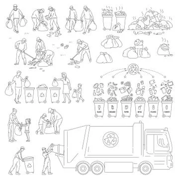 Set sorting and recycling waste. People volunteers clean environment from trash Stock Illustration