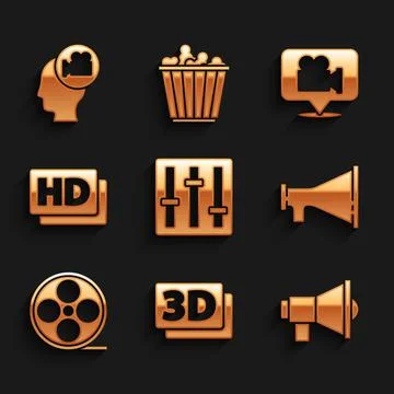 Set Sound mixer controller, 3D word, Megaphone, Film reel, Hd movie, tape, frame Stock Illustration